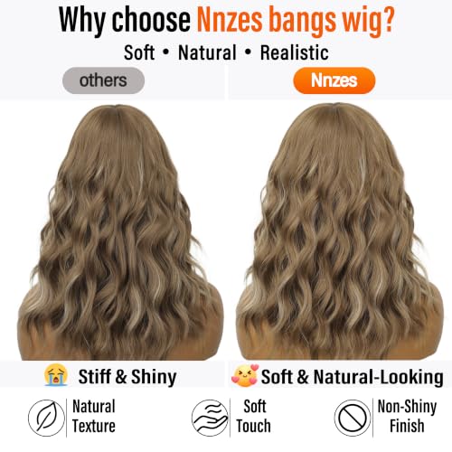 Image of Nnzes Short Wavy Bob Wig with Bangs for Women Shoulder Length Curly Soft Ash Brown with Beige Blonde Highlights Synthetic Heat-Resistant Fiber Hair for Daily & Party Use