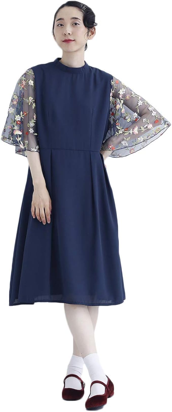 Amazon Co Jp メルロー Merlot Plus 花刺繍レース袖ワンピース ネイビー 服 ファッション小物