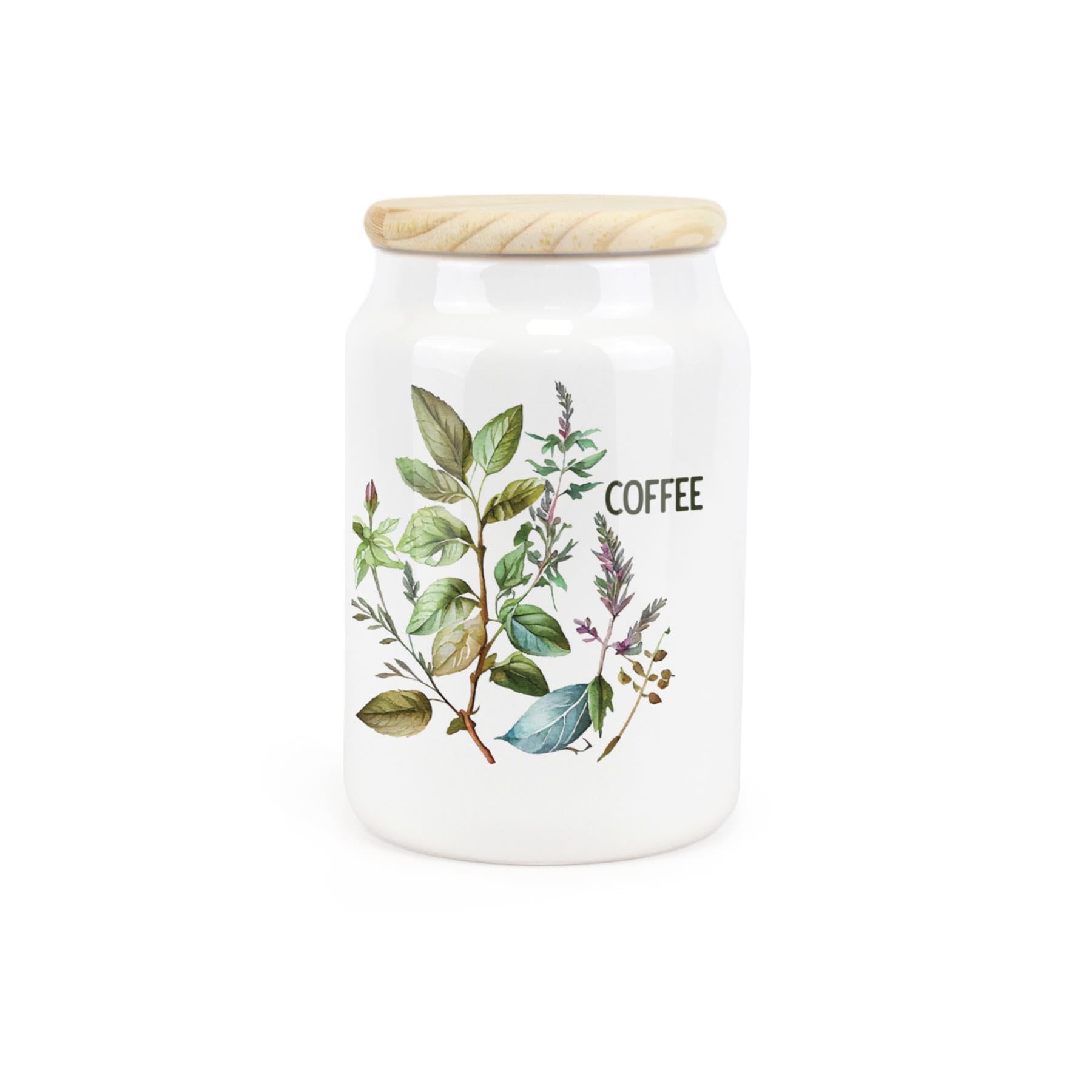 Watercolour Herbs Ceramic Coffee Storage Canister - Country Home Farmhouse Interior Gifts - Kitchen Food Storage Container & Wooden Lid 600ml (14.5cm x 9.5cm)