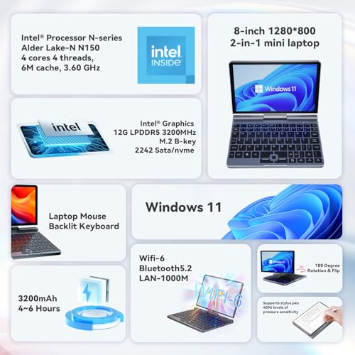 Image of 8 Inch Mini Laptop, 2-in-1 Small Laptop Win 11, HD Touchscreen Rotatable Handwriting Pocket PC, 12GB RAM 512GB SSD, Backlit Keyboard, N150, 2MP Camera, WiFi 6, BT5.2, G-Sensor, HDMI