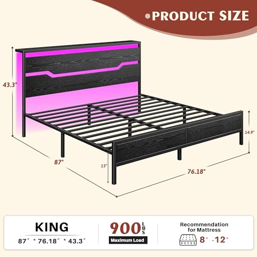 King Size Bed Frame with LED Lights & Charging Station, King Bed Frame and Headboard,13" Under Bed Storage,Metal Slats Support,No Box Spring Needed, No Noise, Easy Assembly, Modern Black - Image 3