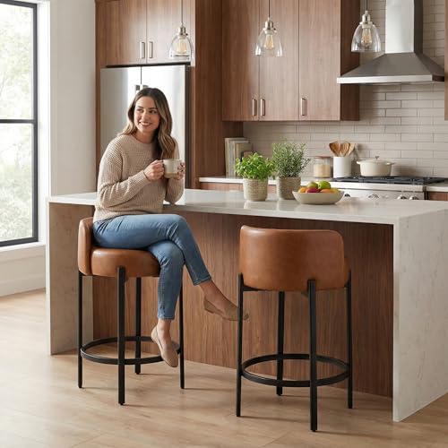 Image of LukeAlon Modern PU Leather Counter Height Stools Set of 4, Upholstered 26 inch Seat Height Barstools with Black Metal Legs Round Low Back Kitchen Stools with Footrest for Dining Room Small Places, Brown