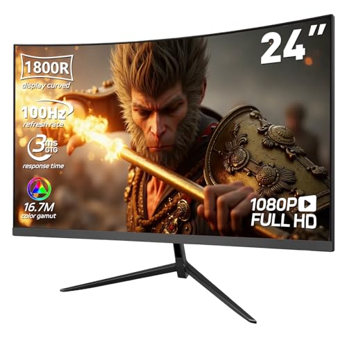Image of 24 Inch Curved 1080P Gaming Monitor, 1800R FHD 100Hz Computer Monitor, 3ms Response Time, FreeSync, Eye-Care, HDMI /DP, Built-in Speakers, VESA Mount