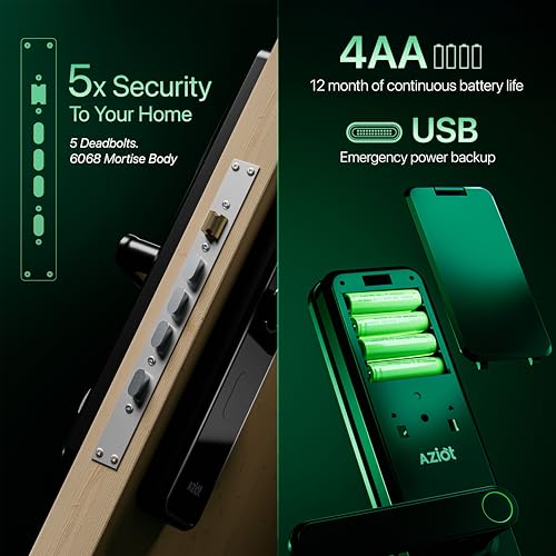 Image of Aziot Elevate WiFi Smart Door Lock - Fingerprint, Passcode, RFID, App & Key Access, WiFi, High-Security Digital Lock for Home, Office, Keyless Entry