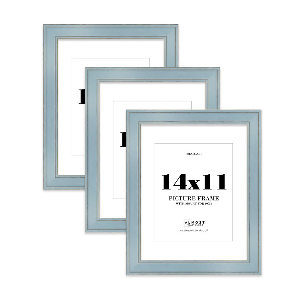 14x11" Cornflower Blue Picture Frame with 10x8" Mount - Shabby Chic Photo Frame with Distressed Finish, Gold Trim, Wall Hooks and Kickstand, 37mm Edge - 3 Pack