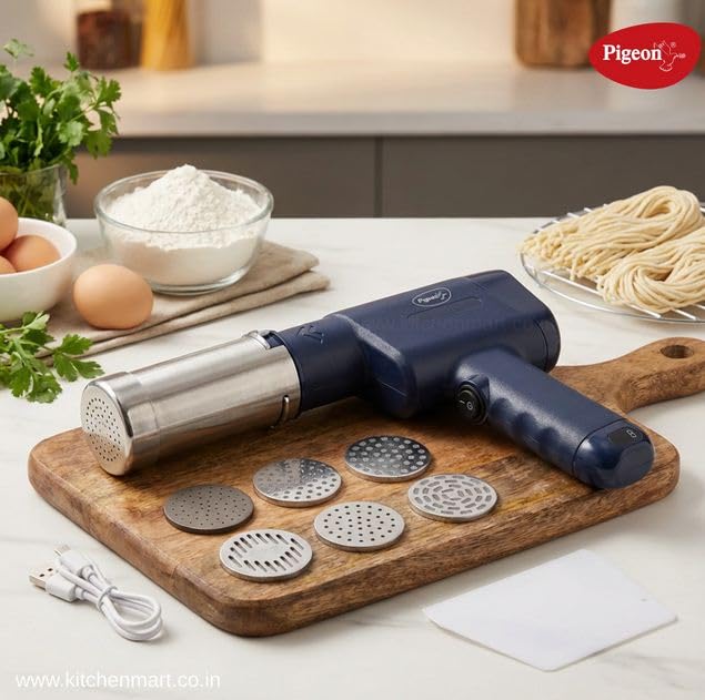 Image of Pigeon Electric Rechargeable Idiyappam and Noodle Maker, Pasta Machine with 5 Molds, Dough Press
