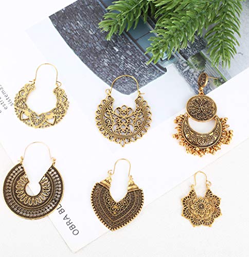 Florideco 6 Pairs Vintage Bohemian Drop Dangle Earrings Boho National Style Hollow Petal Heart Shaped Beaded Statement Earrings for Women Hypoallergenic Gold Jewelry 5