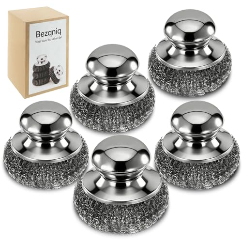 Steel Wool Scrubber with Handle, Stainless Steel, 5 Pack, for Cast Iron, Pots, Pans, Grill, Stoves, Sink (Sliver, M)