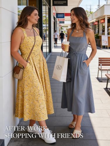 Image of YIOYOLA Women Sleeveless Halter Sleeveless Drop Waist Corset Midi Dress Swing Flowy Beach Sundresses with Pockets