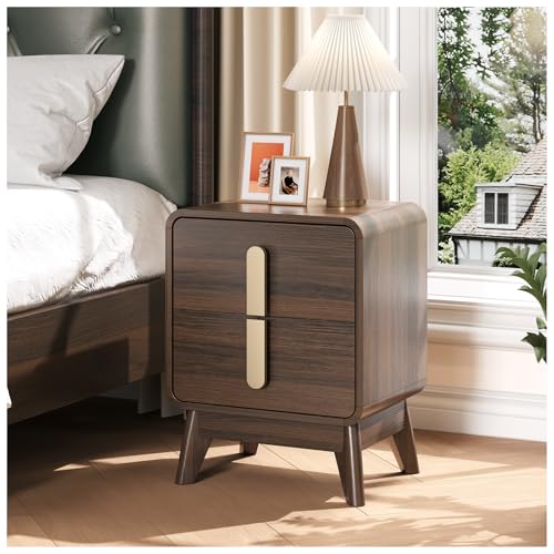 Image of JOINICE Mid Century Modern Night Stand Set of 2 for Bedroom, Walnut | Bed Side Table with Storage for Living Room, Bedroom, Walnut Veneer Finish, 2 Large Drawers with Golden Handles, Accent Piece
