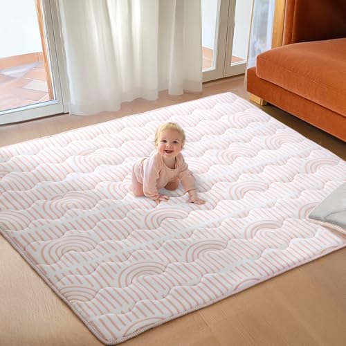 Image of Mallify Soft Thicker Baby Mat for Floor 71"x59", Extra Large Baby Play Mat, Non-Slip Playpen Mat, Easy to Clean & Portable Playmat, Crawling Mat for Babies Toddlers, Activity Mat, Rainbow, Pink
