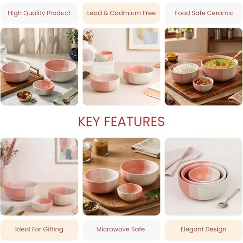 Image of The Earth Store Tritone Pink Ceramic Serving Bowl Set of 3 - 800ML, 500ML, 150ML Microwave Safe Bowl, Elegant Serving Bowl | Ceramic Bowl Set of 3 for Home | Restaurants | Gifting