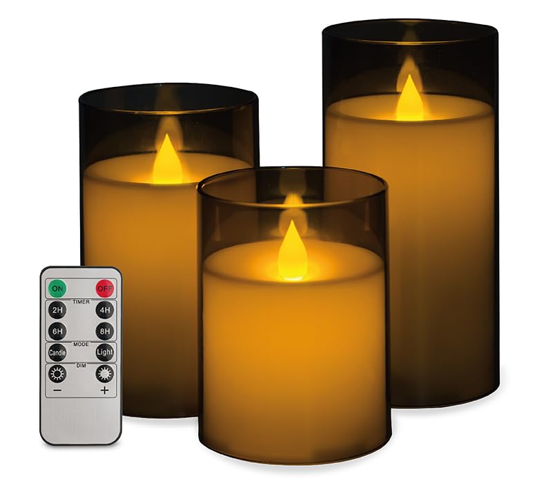 Image of Flameless Candles - Set of 3 Grey Acrylic Flickering led Battery Operated with Remote & Timer, Fake Electric Candle Set for New Home Gift Ideas, Happy Anniversary, Engagement