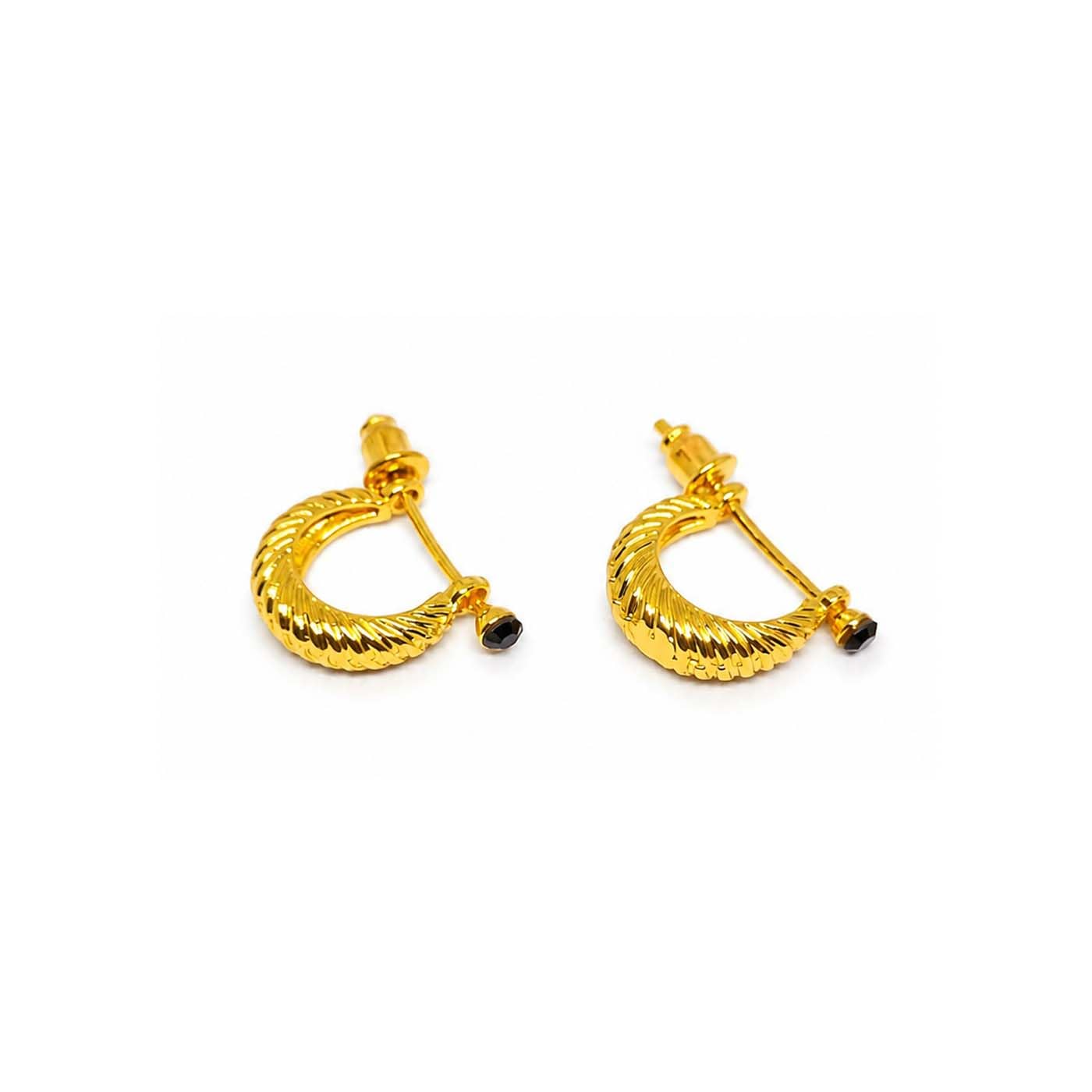(1 Pair) Unisex Fancy & Stylish Trending Stainless Steel Golden Twisted Crescent Kundal Bali/hoop Round Shaped Design Black Cubic Zirconia Clip on Metal Barbell Press Screw Ear Piercing Earrings for Men & Women-image-2