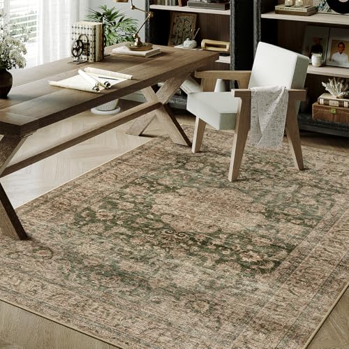 4x6 Washable Green Vintage Area Rug for Entryway Non-Slip Low Pile Traditional Carpet Retro Distressed Soft Thin Accent Throw Rug for Office Kitchen Bathroom Door Mat Indoor Dining Room