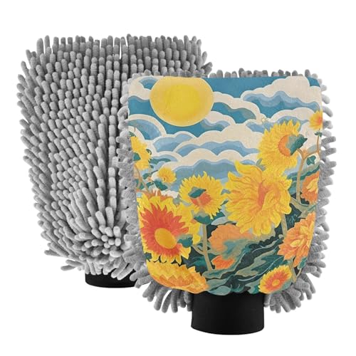 IOACIY Absorbent Microfiber Car Wash Drying Mitts, 2 Pack, Scratch-Free & Lint-Free, Rich Foam, Highly Absorbent, Double Sided, Wash Mitt Perfect for Car Washing, M, Sunflower (37)