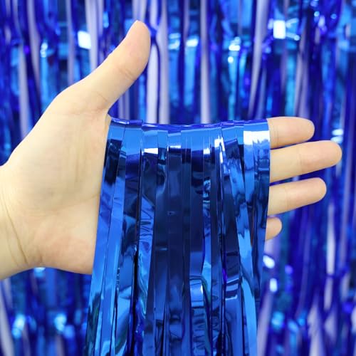 Image of Thicken Blue Streamers 2 Pack 3.2 x 8.2 FT, Blue Foil Fringe Tinsel Backdrop Curtains for Graduation Fathers Day Decorations, Birthday Decorations for Men Boys