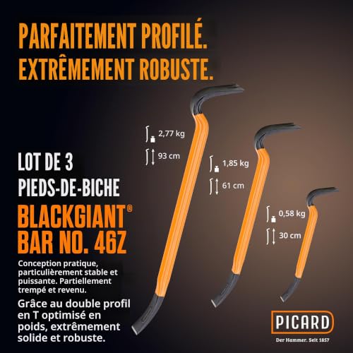 PICARD Pied de biche BlackGiant®, no. 46Z, lot | Longueurs : 300, 610 et 930 mm | Lot de barres à mine avec revêtement antidérapant | Levier durable | pieds-de-biche | mini-pied-de-biche – vue 2
