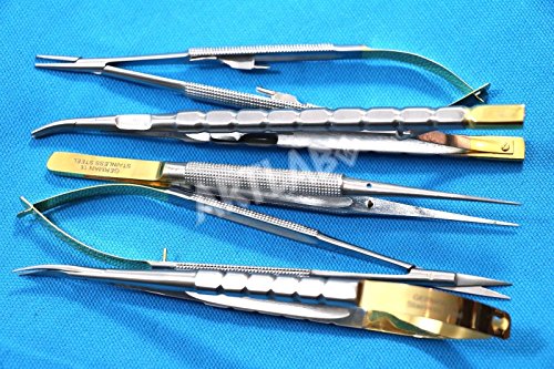 NEW PREMIUM SET OF 5 GERMAN STAINLESS CASTROVIEJO MICRO SURGERY NEEDLE HOLDER SCISSOR CURVED+STRAIGHT + SUTURE TYING FORCEPS ( CYNAMED BRAND )