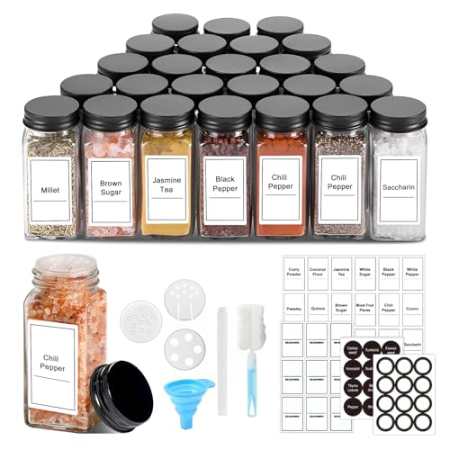 ZhouZGlass 24Pcs Airtight Glass Spice Jars with Shaker Lids, 4oz/150ml Square Glass Storage Jars with 93 Lables, Container for Spice, Salt, Sugar etc