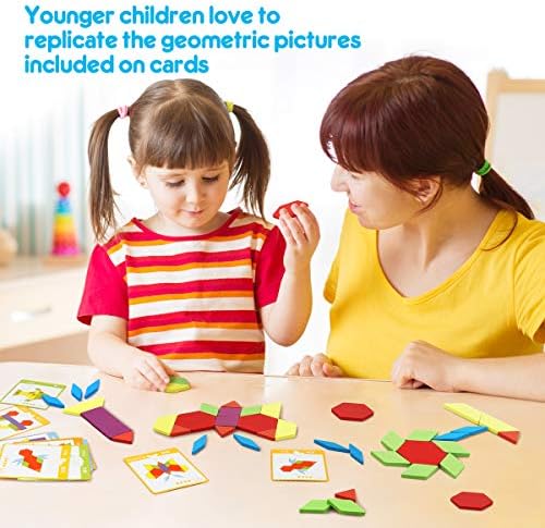 Coogam 160 PCS Wooden Shape Puzzle Pattern Blocks, Tangrams Geometric Brain Teaser Toy Game, Geo Montessori Preschool Learning Activity STEM Gift for Kids with 24 Pcs Design Cards 3 51Pk++ZGLGL. AC