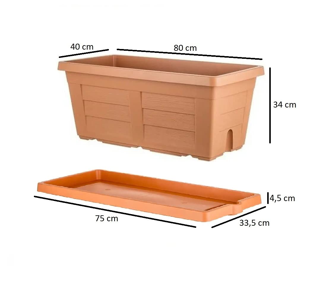 bama FIORIERA Effetto Legno CM.80X40X34H + SOTTOFIORIERA CM.80 Terracotta Piante Fiori Vaso + Omaggio Come da Foto