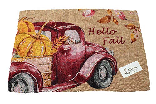 4 pc Fall Placemat Set - Hello Fall Tapestry Style Vintage Truck Design - Comes in an Organza Bag so It's Ready for Giving! - Image 3