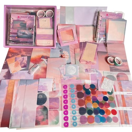 Image of Paper Vintage Aesthetic Scrapbook Kit(346Pcs) Scrapbooking Supplies Kit with Bullet Junk Journal,Stationery,A6 Grid Notebook Journaling Gift for Girl (Sunset Glow Dark Pink Scrapbook)
