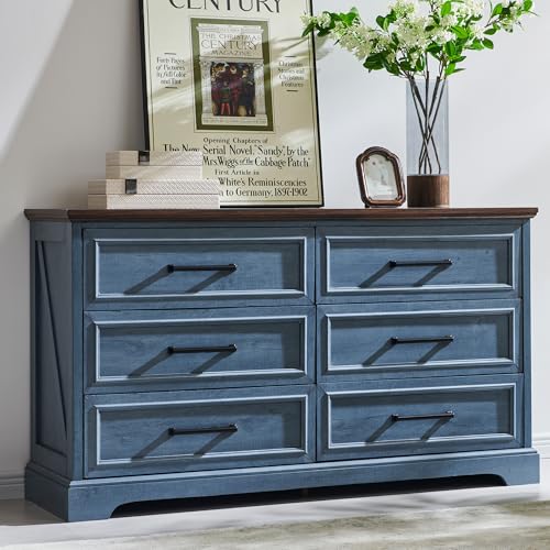 Farmhouse 6 Drawer Dresser for Bedroom 52 Inch Wide Modern Dresser TV Stand with Large Drawers Bar Handles Rustic Wood Dresser Chest of Drawers for Bedroom Living Room Hallway Blue