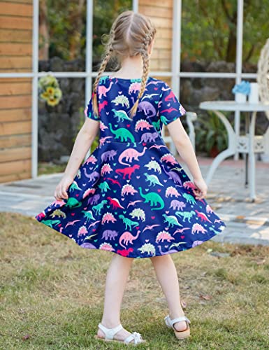 Toddler Girls Short Sleeve Dress Navy Blue Dinosaur Print Dress Animal World Pattern Summer Dress Casual Swing Holiday Birthday Theme Party Sundress Toddler Kids Twirly Skirt 6-7 Years #TOP4