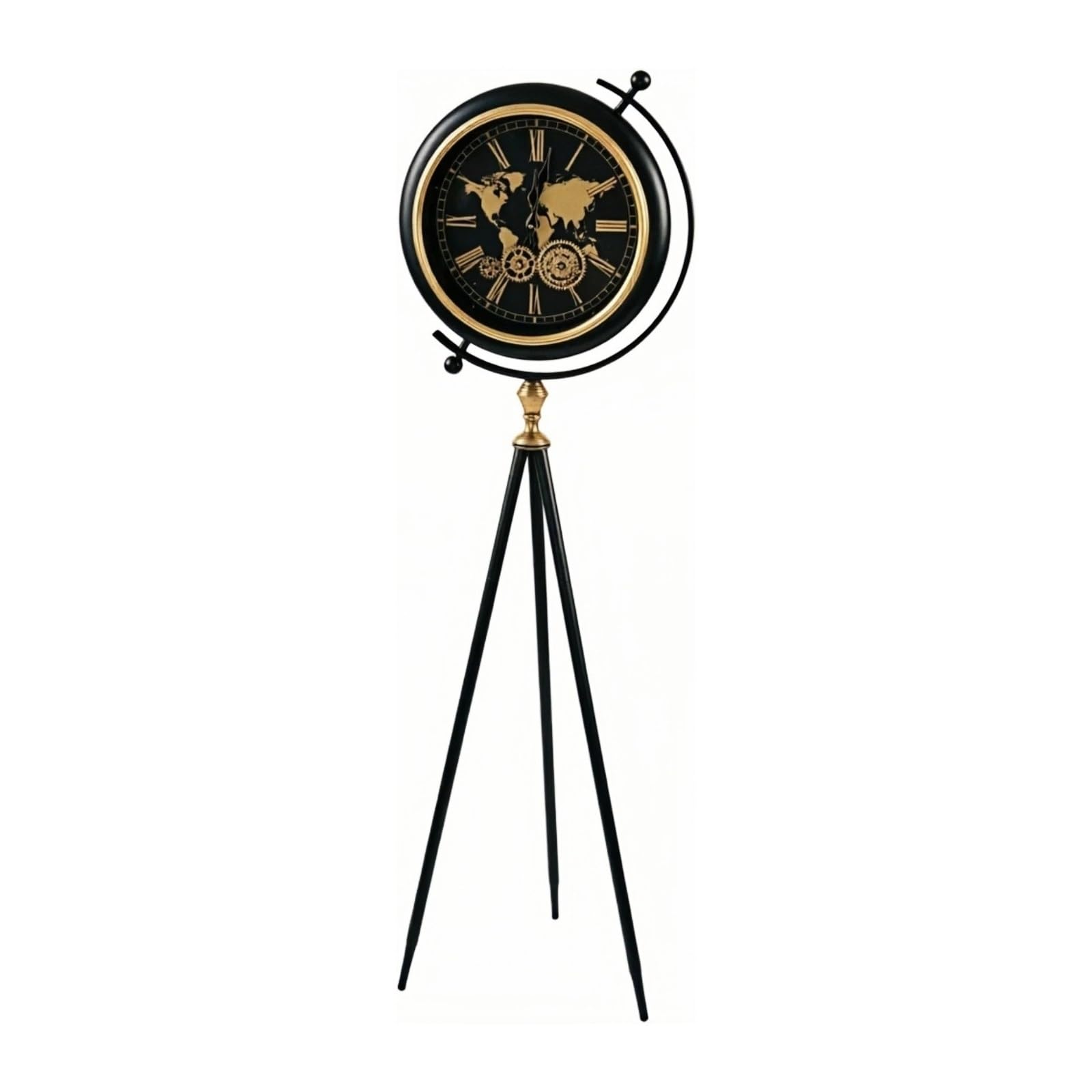 HLHLOP777 Grandfather Alarm Metal Floor Standing Clock American Tripod Moving World Gears Map for Home Floor Clock