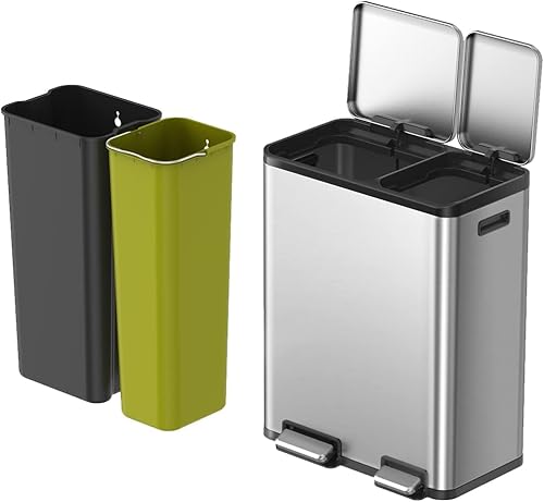 Miniatura 3 de EKO EcoCasa - Basurero rectangular de acero inoxidable de doble paso para reciclaje, 30 L + 20 L, pedales y tapas independientes, cierre suave y
