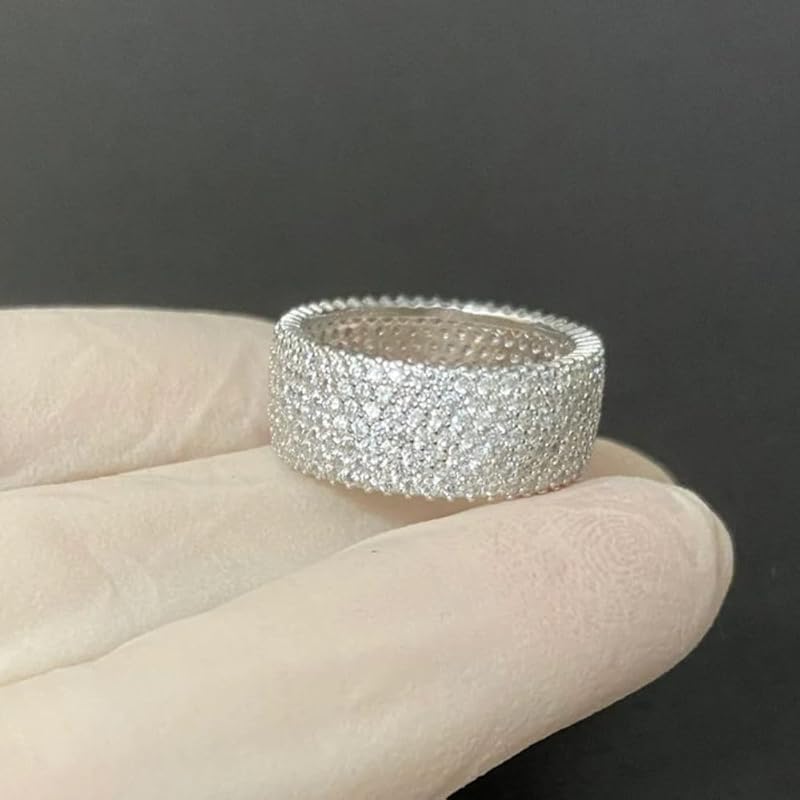 925 Sterling Silver Wedding Band Ring, 7-Row Cubic Zirconia, White Gold Plated, Unisex