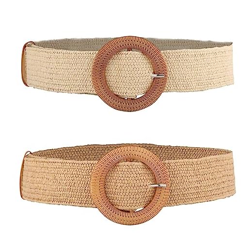 2pcs Ceinture Élastique Femme, Ceintures Élastiques en Paille avec Boucle en Bois Tressée pour femmes (Blanc, Beige Clair)