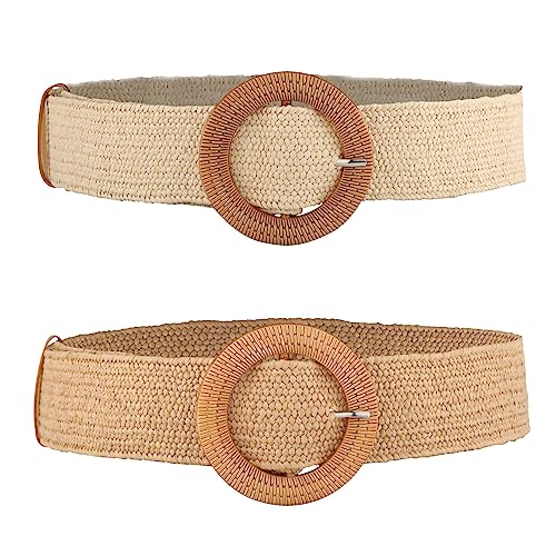 2St Braided Belt Women für Kleider Frauen, Stroh Elastische Stretch Waist Belts Sommer Strand Kleid Gürtel Damen Geflochtene Holzschnalle Breite Taillengürtel für Frauen Kleider(Weiß, Hellbraun)