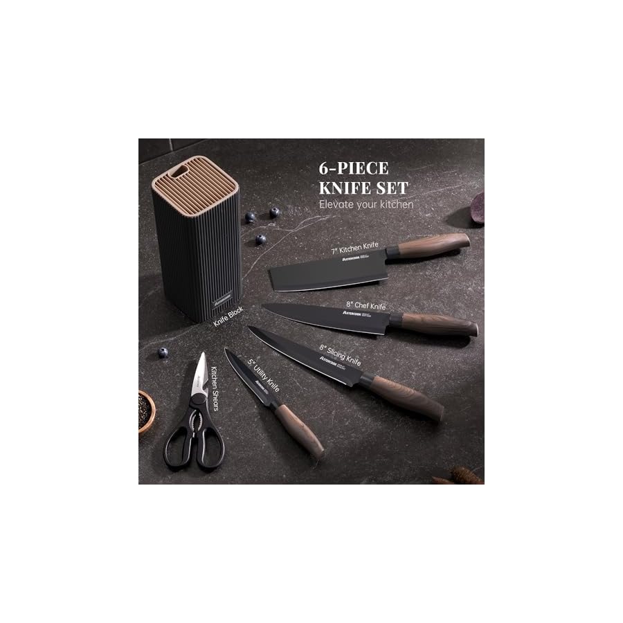 Astercook Knife Set, 6-Piece Kitchen Knife Set with Block, High Carbon Stainless Steel Ultra Sharp Kitchen Knives, Wood Grain Handle, Dishwasher Safe Knife Block Set, Black