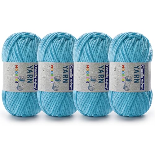 Image of 4 Pac Chenille Yarn for Crocheting - Blanket Yarn for Crocheting - Fluffy Yarn for Crochet, Baby Yarn for Crocheting Soft Blankets Weight Per Roll 50g /1.76oz, Length 60m /65yard (Azure)