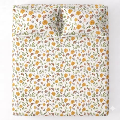 Image of VAS COLLECTIONS Premium 240 TC Cotton Double Bedsheet Set with 2 Pillow Covers | Breathable Floral Print Bedding | Fade Resistant | 228 x 254 cm, Ochre & Rust Botanical, Double Flat (90x100) Botanical