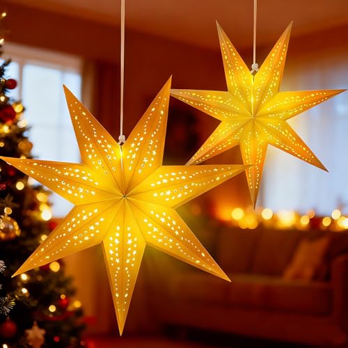 ALEGRE® LED Weihnachtsstern Beleuchtet mit Timer, 2 Stk Led Papierstern Weihnachten zum Aufhängen, 3D Leuchtende Papiersterne mit Timer, Weihnachtsstern Fenster Papier für Weihnachtsdeko, Fensterdeko