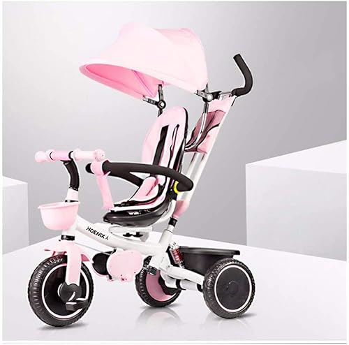 Triciclo plegable 4 en 1 para niños pequeños marco de acero de alto carbono con amortiguador barra de mango extraíble giratoria y reclinable toldo