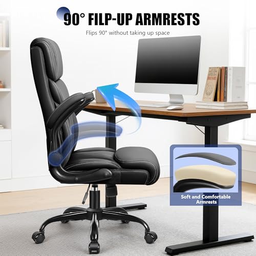 Image of Primy Office Chair, Ergonomic Leather Desk Chair with Flip-up Armrests, Big and Tall High Back Executive Computer & Gaming Chair with Footrest, Comfy Padded, Rocking Function and Lumbar Support(Black)