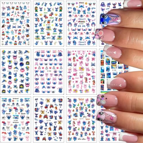 Guidre Pegatinas para uñas, 12 hojas de pegatinas para decoración de uñas, bonitas pegatinas de uñas de dibujos animados kawaii para mujeres, niñas, regalo (800 calcomanías) (puntada), SDZ-12