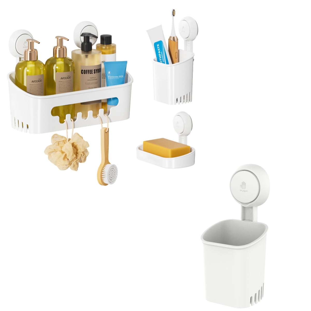 LEVERLOC Shower Caddy Suction Cup Set Shower Organizer Soap Holder Toothbrush Holder Bathroom Shelf Basket NO-Drilling Removable Suction