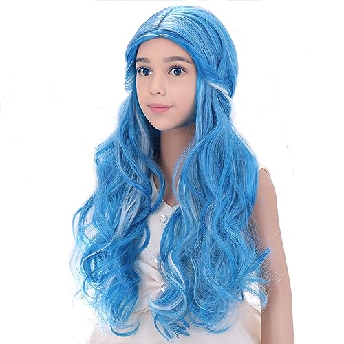 Image of PATTNIUM Kids Blue Wig Long Wavy Child Wig Light Blue Wig for Kids Heat Resistant Synthetic Hair Cosplay Costume Girls Wig (Mixed Blue)