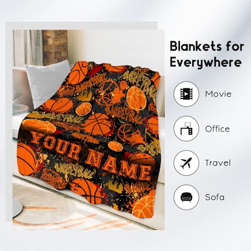 Custom Basketball Blanket, Cozy Soft Throw Gifts for Boys, Cool Orange Flannel Throw Blankets for Bed Travel, 50x60 Inches