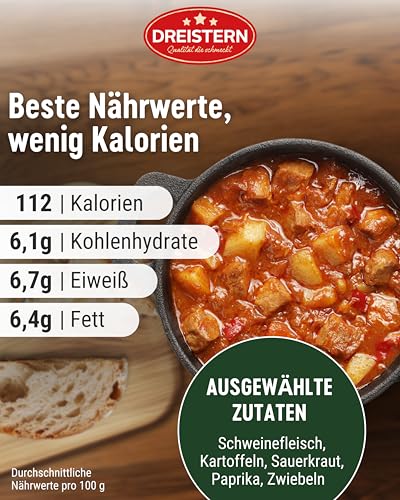 DREISTERN Szegediner Gulasch 400g I Mit Kartoffeln & Sauerkraut I Herzhaftes Fertiggericht in recyclebarer Konservendose I Lange Haltbarkeit dank natürlicher Konservierung I Hausmacher Qualität – Bild 4