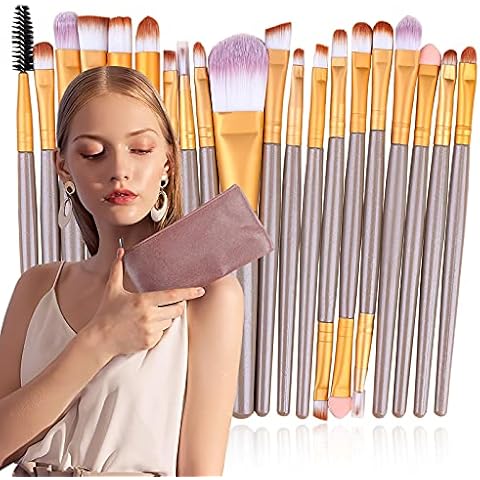 Makeup brushes,20pcs makeup sets for Foundation Blending Blush Concealer Eye Shadow, Cruelty-Free Synthetic Fiber Bristles, Travel Makeup bag Included (Brown-gold tube) Cover