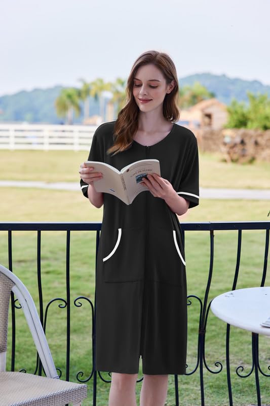 Ekouaer Women Zipper Robe Short Sleeve Duster Housecoat Short Bathrobes Zip Front Nightgown with Pockets S-3XL2