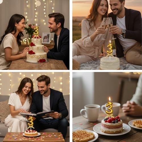 Image of Rozi Decoration Number 3 Birthday Candle for Cake with Crown Design | Gold Metallic Number Candle with Stick | Third Birthday Cake Topper for Baby, Kids and Family Celebration