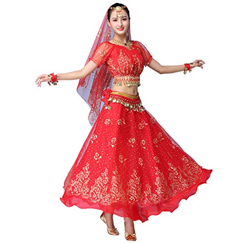 Girls Belly Dance Dress 3-Piece Set Bollywood Indian Folk Kids Arabian Performance Costume Carnival Outfit (Adult Size, Red Adult Size)